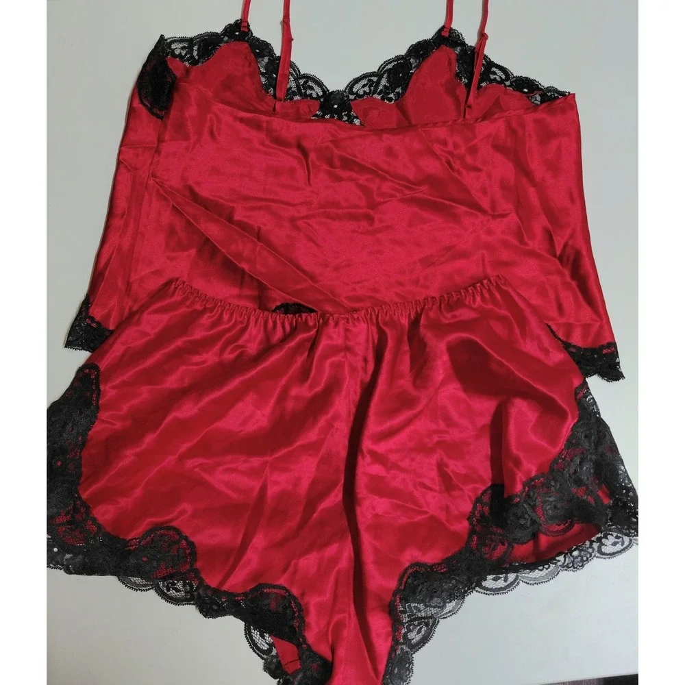 Vintage Victoria Secret Pajama Set L Red Satin Black Lace Cami Shorts Y2K 90s